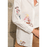 Off White Embroidered Western Cowgirl Motifs Blouse