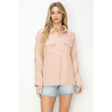 Oversized Soft Pink Button-down Long Sleeve Shirt with Two Chest Pockets