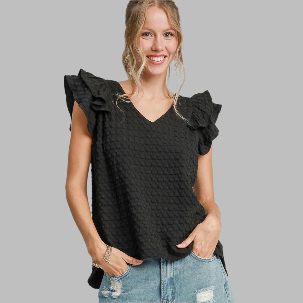 Black Textured Jacquard V-neck Top With Ruffle Sleeves