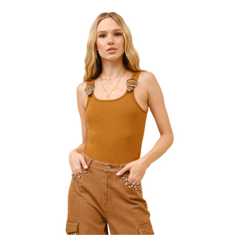 Brown Ribbed Western Buckle Bodysuit