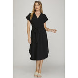 Featuring a trendy waist tie and convenient side pocket, this drop short sleeve woven dress is perfect for any occasion
