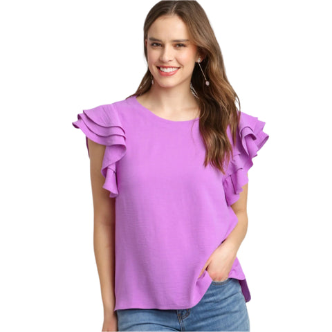 Orchid Boxy Cut Round Neck Layered Ruffle Sleeve Top