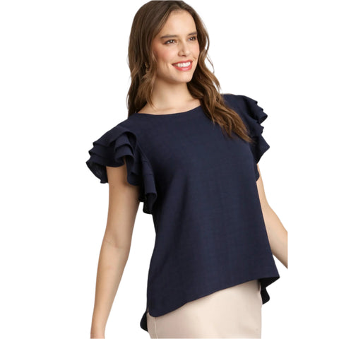 Navy Boxy Cut Round Neck Layered Ruffle Sleeve Top