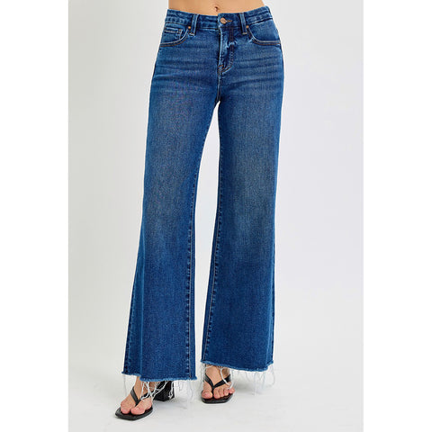 Risen Tummy Control Mid Rise Wide Leg Jeans with frayed hem dark blue 
