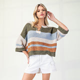 Fern, Blue, Cream and Rust Striped 3/4 Sleeve Sweater