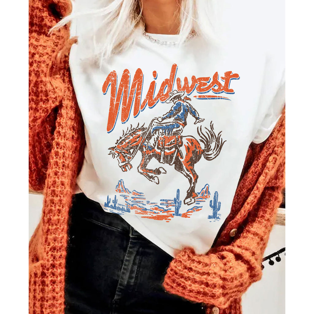 White T-shirt with Bronc Rider Desert Scene and Midwest Across the Top