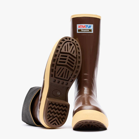 Front view of the XTRATUF Men’s 15-inch Legacy Boot showing the tall brown rubber shaft, reinforced toe, and slip-resistant outsole.
