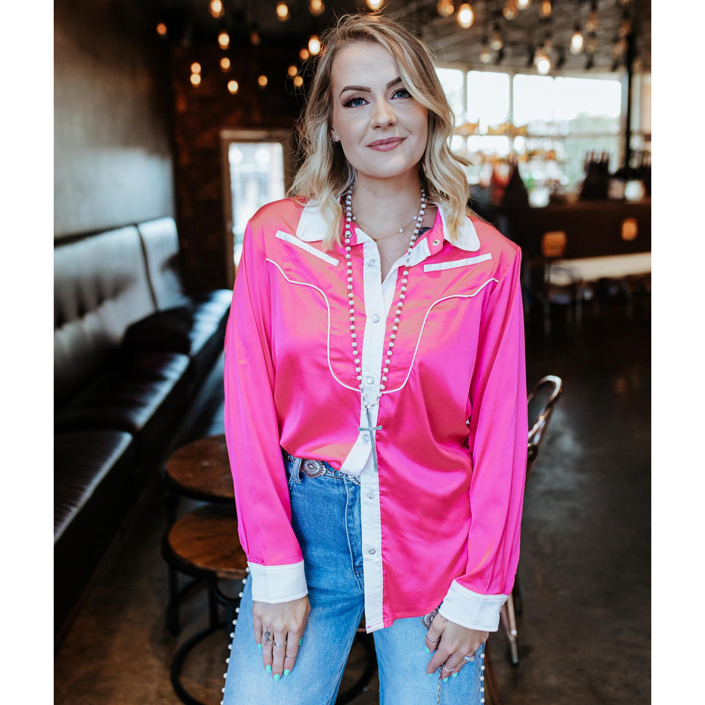 Women's Hot Pink Satin & Fringe Long Sleeve Shirt Women's Hot Pink Satin & Fringe Long Sleeve Shirt