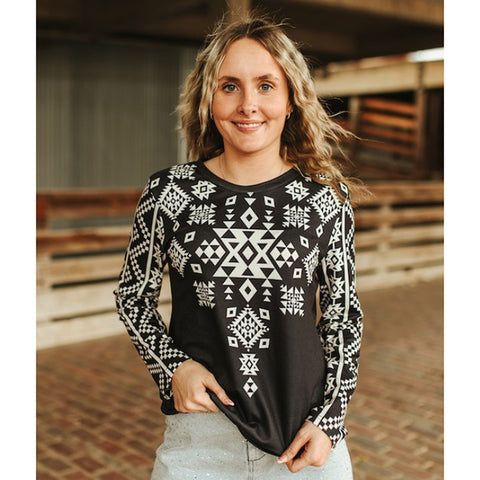 Black Long Sleeve White Aztec Printed Blouse