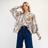Ivory Paisley Printed Bubble Sleeve Top