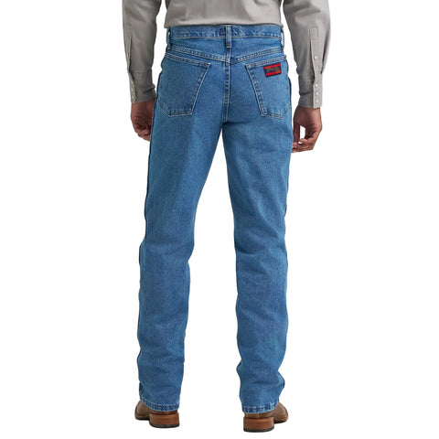 Back view of model wearing the Wrangler Men’s 20X Relaxed Fit Jean showing the signature 20X back pockets and Western‑style stitching.