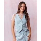 Washed Denim Bow Lace Motif Laser Cut Embroidery Detail Vest