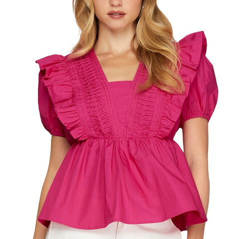 Model Wearing a Hot Pink Pintuck Yoke Ruffle Sleeve Top