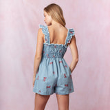 Western Theme Pink Embroidery Washed Denim Romper