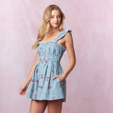 Western Theme Pink Embroidery Washed Denim Romper