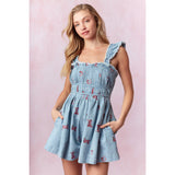 Western Theme Pink Embroidery Washed Denim Romper