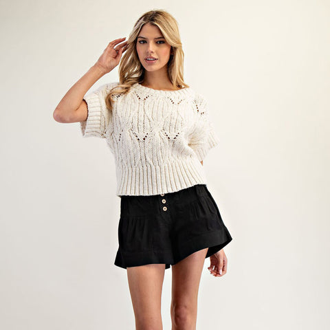 Oatmeal Colored Cable Knit Short Sleeve Sweater Top
