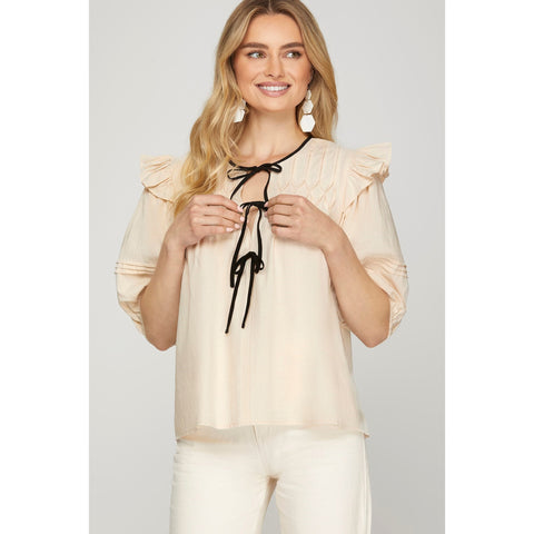 CREAM RUFFLE SHORT SLEEVE FRONT BLACK BOW TIE TOP