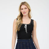 Black/White Stitched Scoop Neck Front Tie Sweater Knit Tank Top