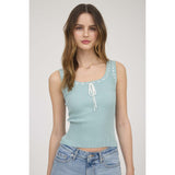 Mint/ White Stitched Scoop Neck Front Tie Sweater Knit Tank Top