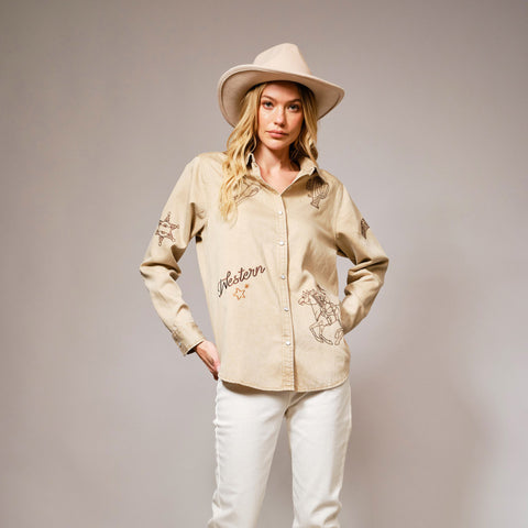 Taupe Western Embroidered Snap Long Sleeve Shirt