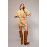 Oversized T-shirt Dress - Ivory colored with Brown Wild West Bronc Stitching