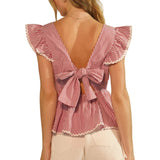 Back view of red and white striped blouse with ruffled sleeves and a bow