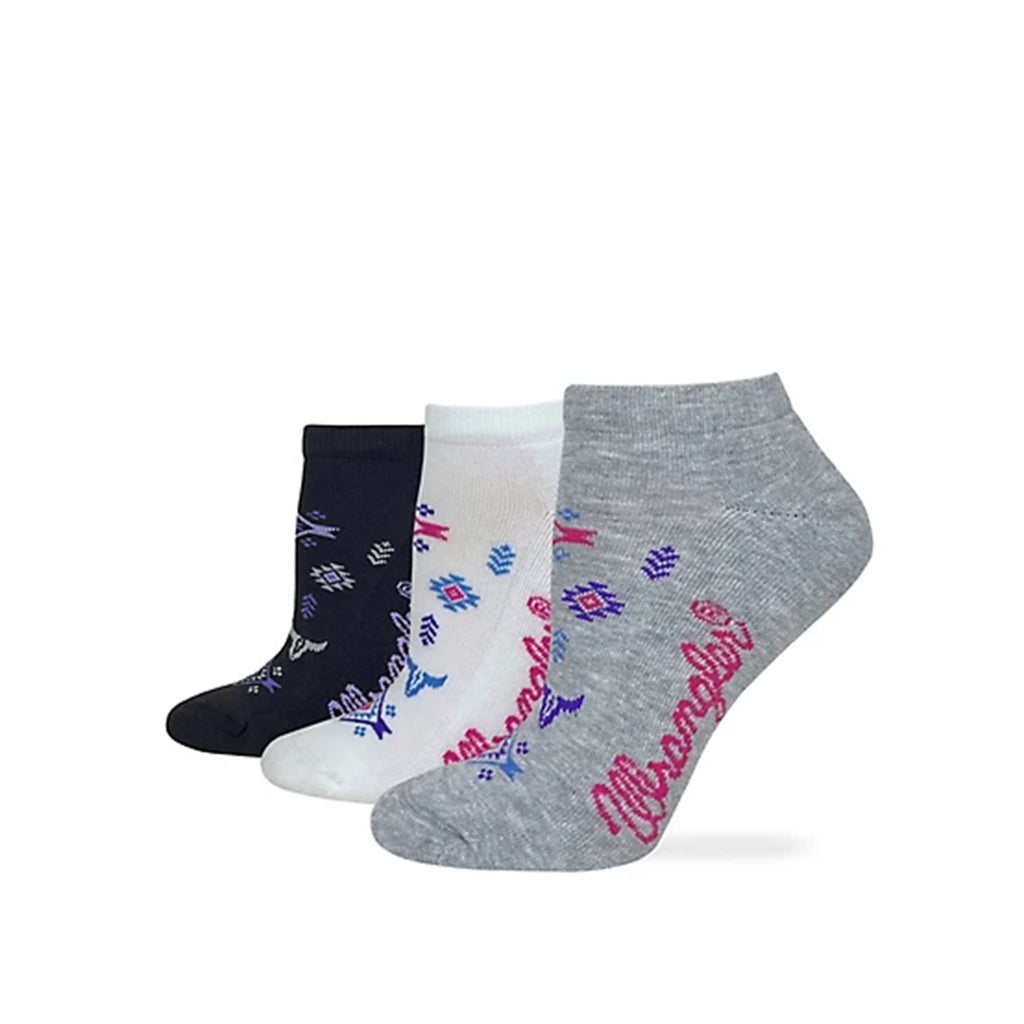 Side view of grey, white, and black socks. 