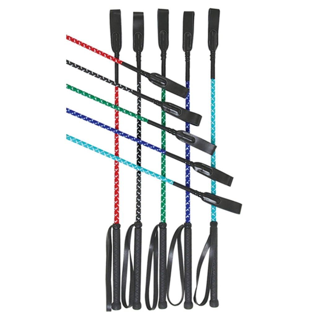 Flat lay view of each colored white and close up of crop whip end. 