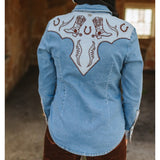 Stretch denim shirt with contrasting embroidered yokes, classic Western details Back View