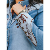 Stretch denim shirt with contrasting embroidered yokes, classic Western details Sleeve View