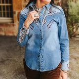 Stretch denim shirt with contrasting embroidered yokes, classic Western details 