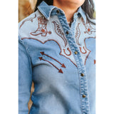 Stretch denim shirt with contrasting embroidered yokes, classic Western details Yoke View