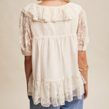 Women's Cream Ruffle Short Sleeve Top