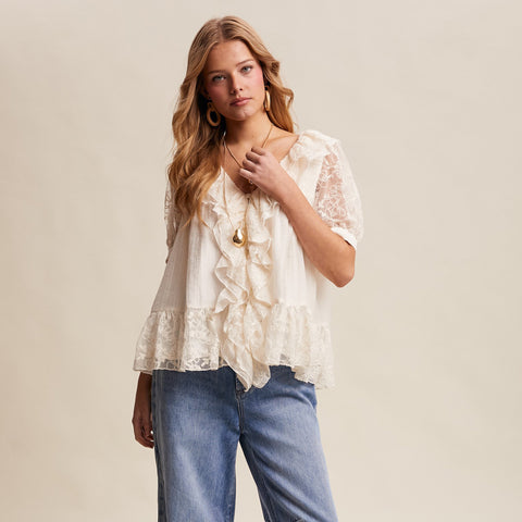 Women's Cream Ruffle Short Sleeve Top
