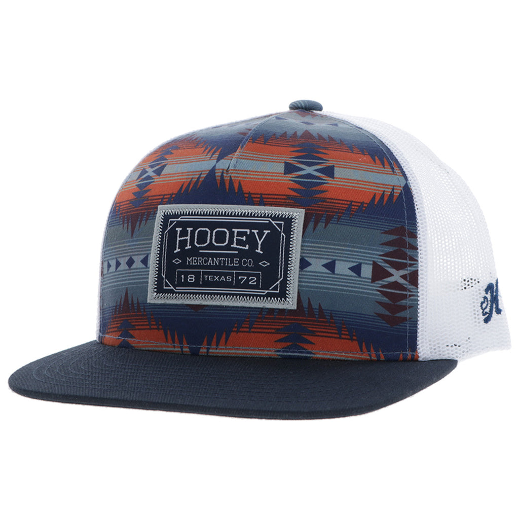 Navy and White Snapback with Grey and Orange Aztec Print and Rectangle Hooey Patch