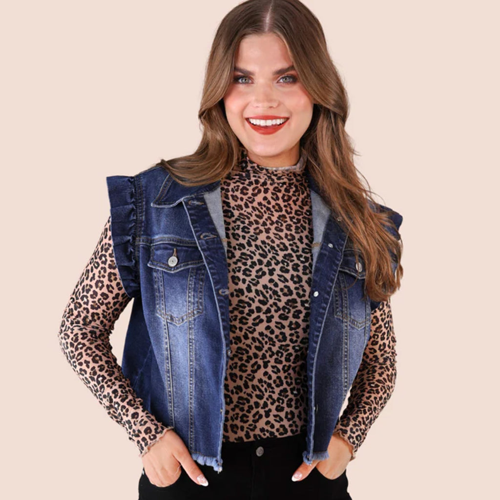 Denim jean vest with ruffled cap sleeves