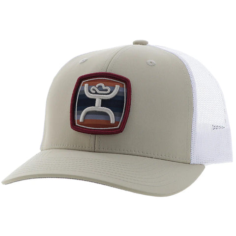 Angle view of tan hat with serape Hooey Patch