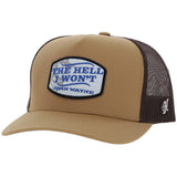 Brown/Tan Cap with White and blue patch with 'The Hell I Won't' John Wayne Quote
