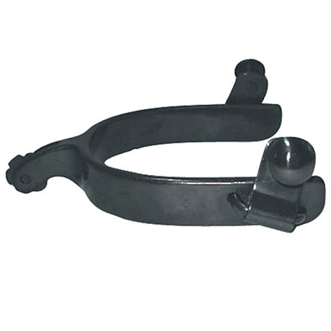 Side view of black steel spurs. 