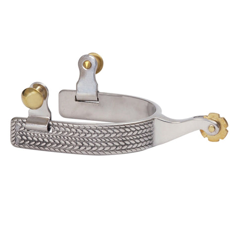side view of silver rope design spurs. 