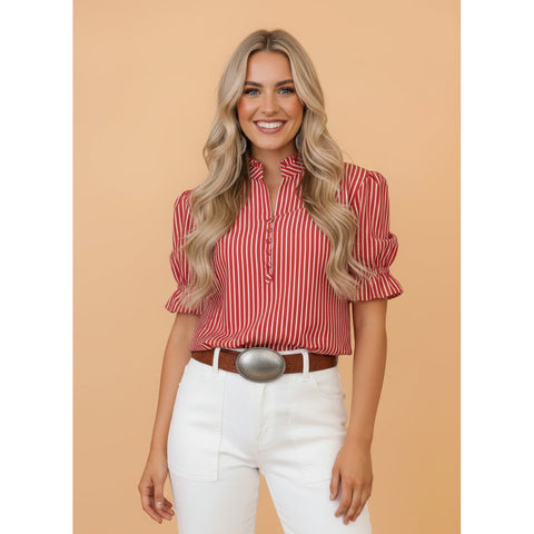 Model Wearing a Red Striped Ruffle Blouse