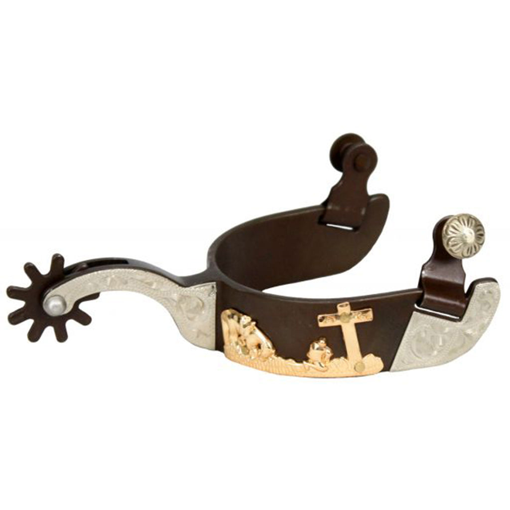 Brown spurs with silver accents and a gold praying cowboy at a cross