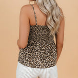 Back View of Model Wearing a Leopard Shirred Ruffle Spaghetti Strap Tank Top
