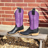 men's Western boots with black boar leather vamp & purple shaft and hybrid sole side view