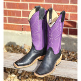 men's Western boots with black boar leather vamp & purple shaft and hybrid sole 