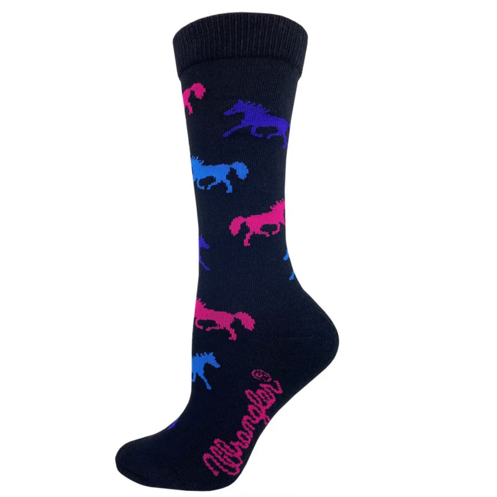 Side view of black horse pattern crew sock.