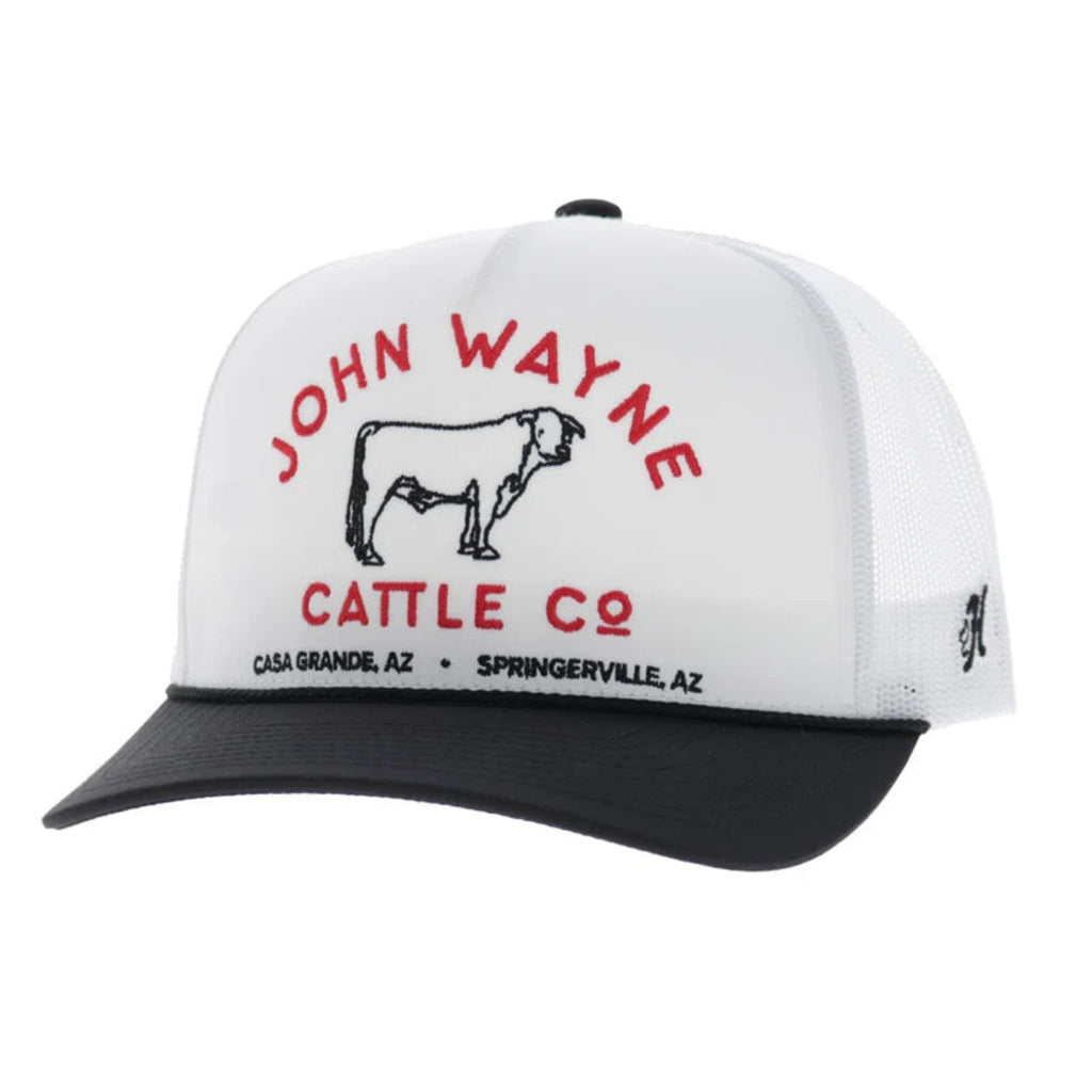 Hooey John Wayne white and black 5-panel trucker hat with embroidered front.
