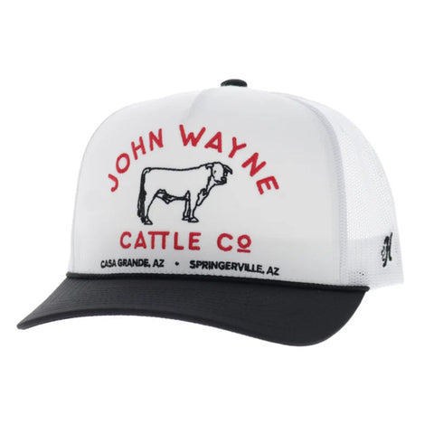 Hooey John Wayne white and black 5-panel trucker hat with embroidered front.