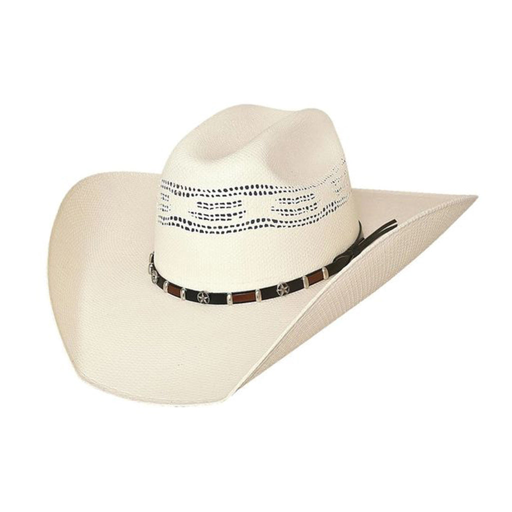 vented bangora straw cowboy hat and hatband with Texas star conchos